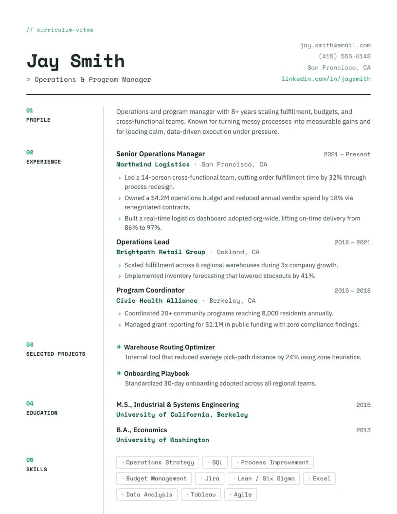 Technical résumé template preview